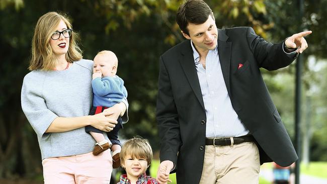 Mr Hughes with wife Kate Hughes, and sons Teddy, 3 months and Harry, 2 years. Picture: John Appleyard