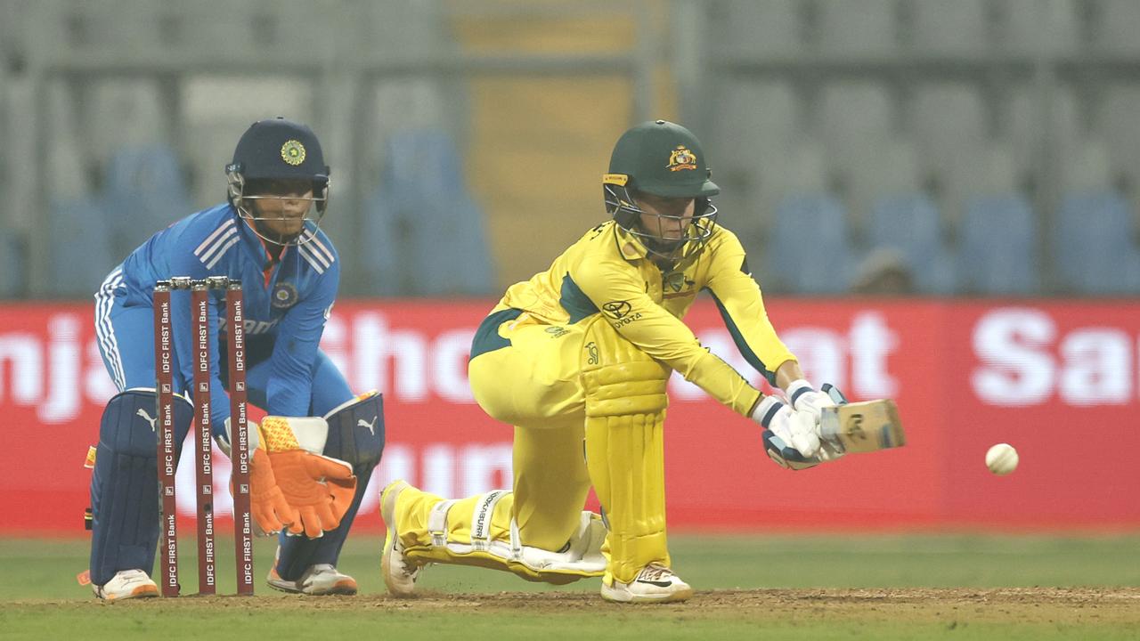 Phoebe Litchfield says she turned to the reverse sweep at the wrong time during Australia’s Test defeat but will continue to use the shot as an attacking weapon. Picture: Pankaj Nangia / Getty Images