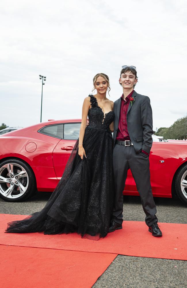 Graduates Mahlee Amory and Liam Curtis arrive at The Industry School formal at Clifford Park Racecourse, Tuesday, November 12, 2024. Picture: Kevin Farmer