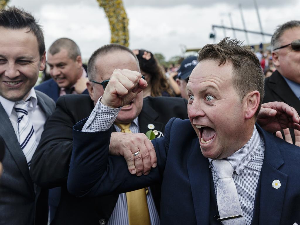 Connections of the winning Golden Slipper horse She Will Reign celebrate at Rosehill Gardens.