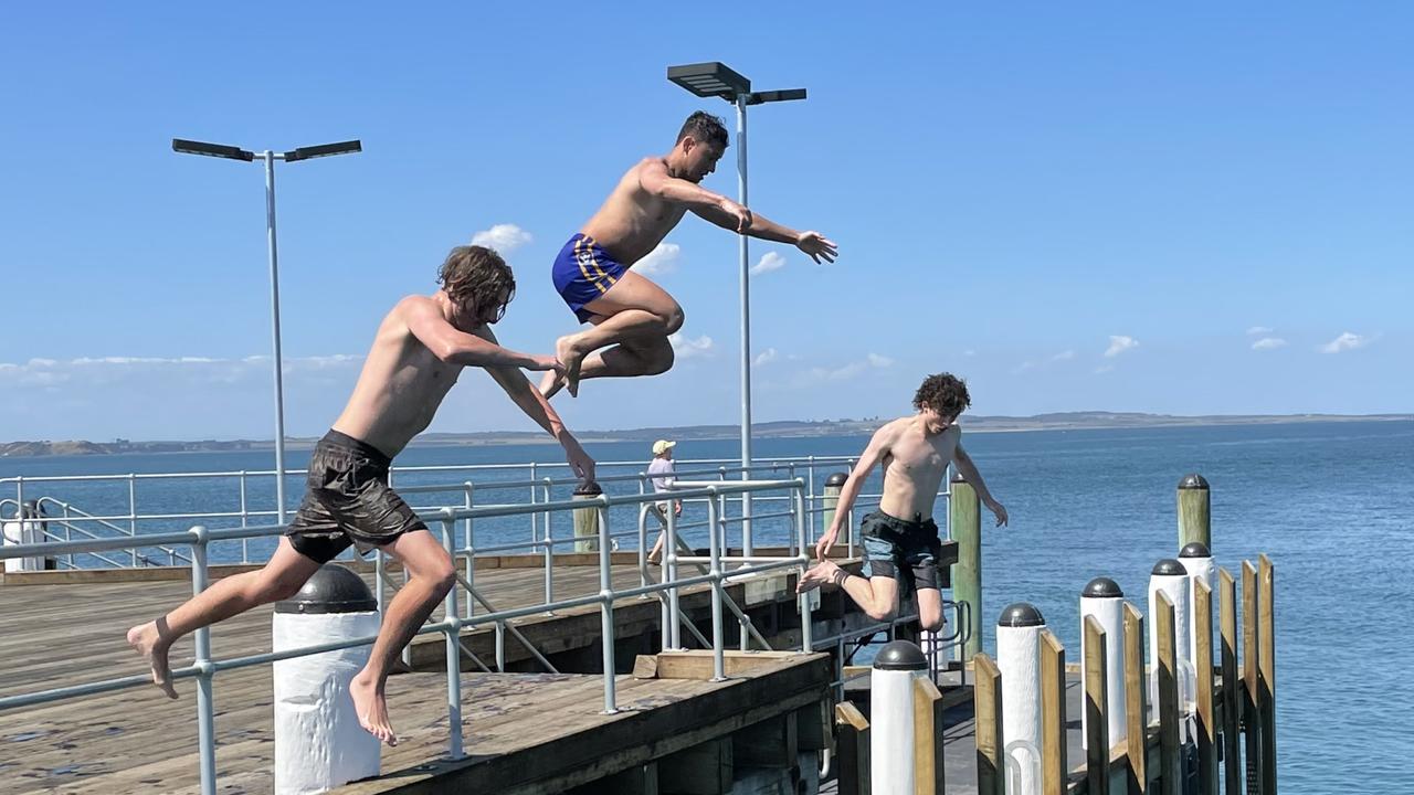 Jumping into the action during Schoolies on the Cowes foreshore. Photo: Alice Barker