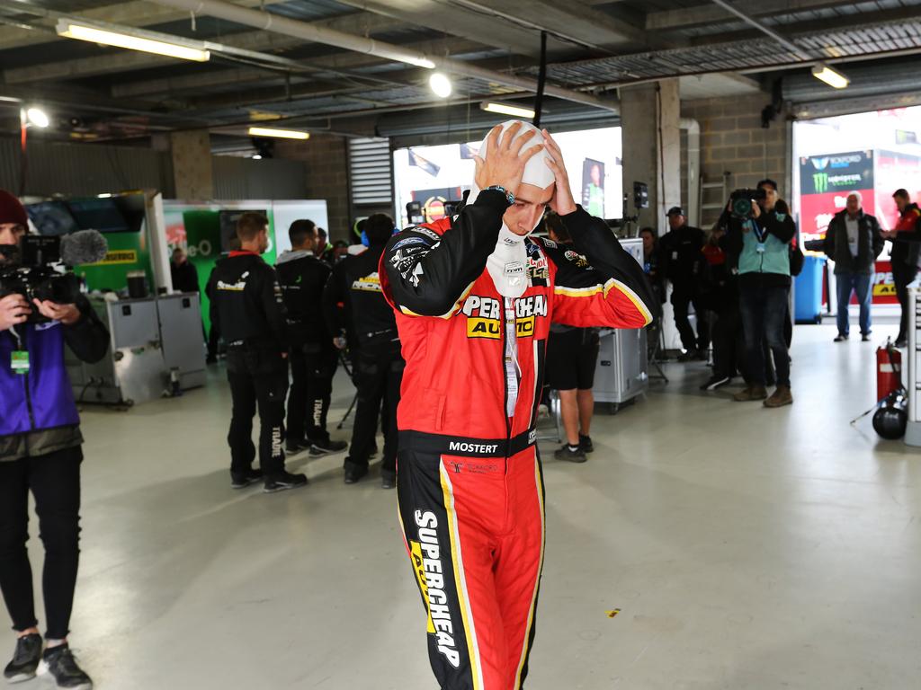 Scott McLaughlin celebrates after getting pole position after the top 10 shootout. 2019 Supercheap Auto Bathurst 1000, the pinnacle of the Virgin Australia Supercars Championship. #17 Shell V-Power Racing Scott McLaughlin/Alex Premat, Ford Mustang GT. Picture Rohan Kelly