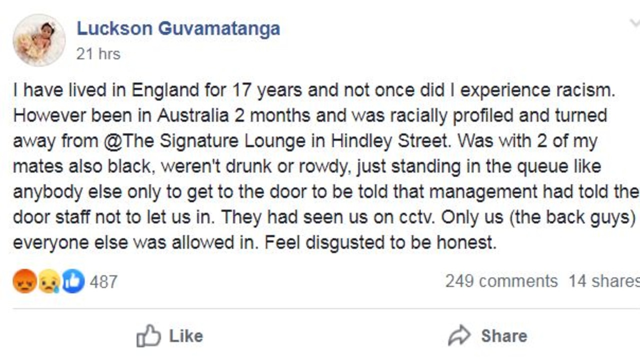 Mr Guvamatanga claimed he and his friends were targeted for their skin colour. Picture: Adelaide Hospitality Crew/Facebook