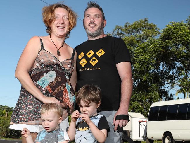 The Sumner family, Paul, Bryony, Arthur, 2, and Renner, 3,  are leaving their Whitfield home and travelling Australia in a Toyota Coaster with their Kelpie cross "Bobby". PICTURE: MARC McCORMACK