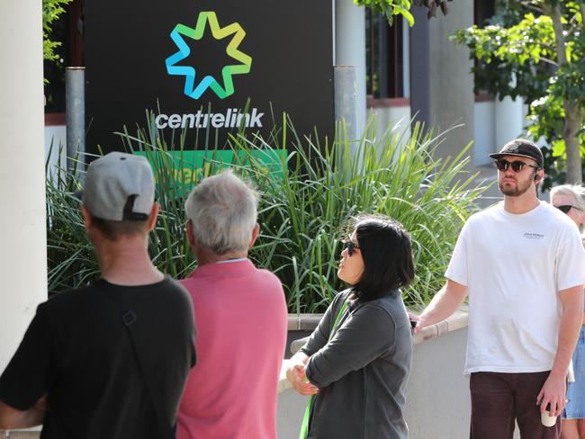 The queue outside Southport Centrelink at 8.40am this morning. Picture Glenn Hampson