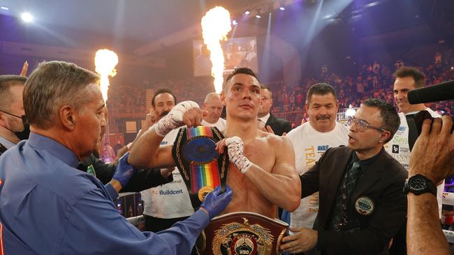 Tim Tszyu celebrates his win over Stevie Spark.