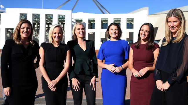 Fox Sports' presenters Yvonne Sampson, Jess Yates, Sarah Jones, Kelli Underwood, Neroli Meadows and Lara Pitt in Canberra.