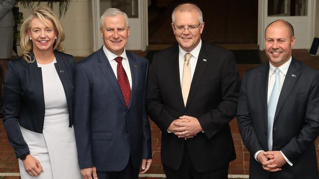 Mr McCormack (second from left) at the Coalition Government swearing-in ceremony with Bridget McKenzie, Mr Morrison and Treasurer Josh Frydenberg. Picture: Gary Ramage