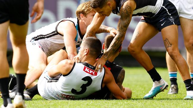 Ryan Burton could be in trouble for a tackle on Jamie Elliott. Picture: Getty Images