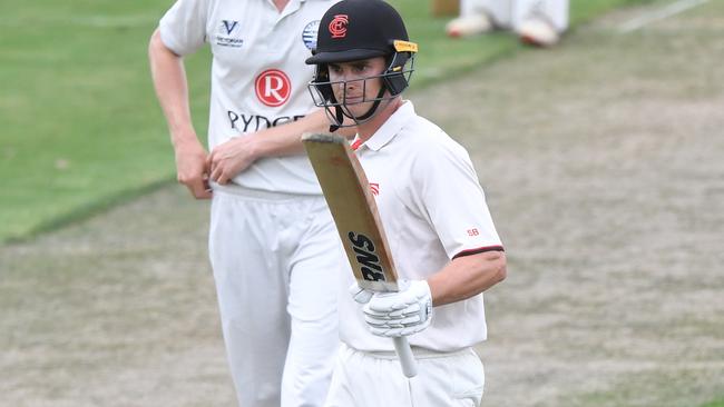 James Seymour of Essendon (right) reacts after reaching 50 runs bats during the Victorian Premier Cricket match between Essendon and Geelong at Windy Hill in Essendon, Saturday, February 1, 2020. (Photo/Julian Smith)