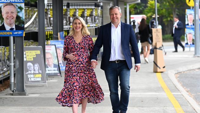 Taking a stroll after voting, Mr Caldwell and wife Lauren, who is pregnant with their third child. Picture: Dan Peled / NCA Newswire