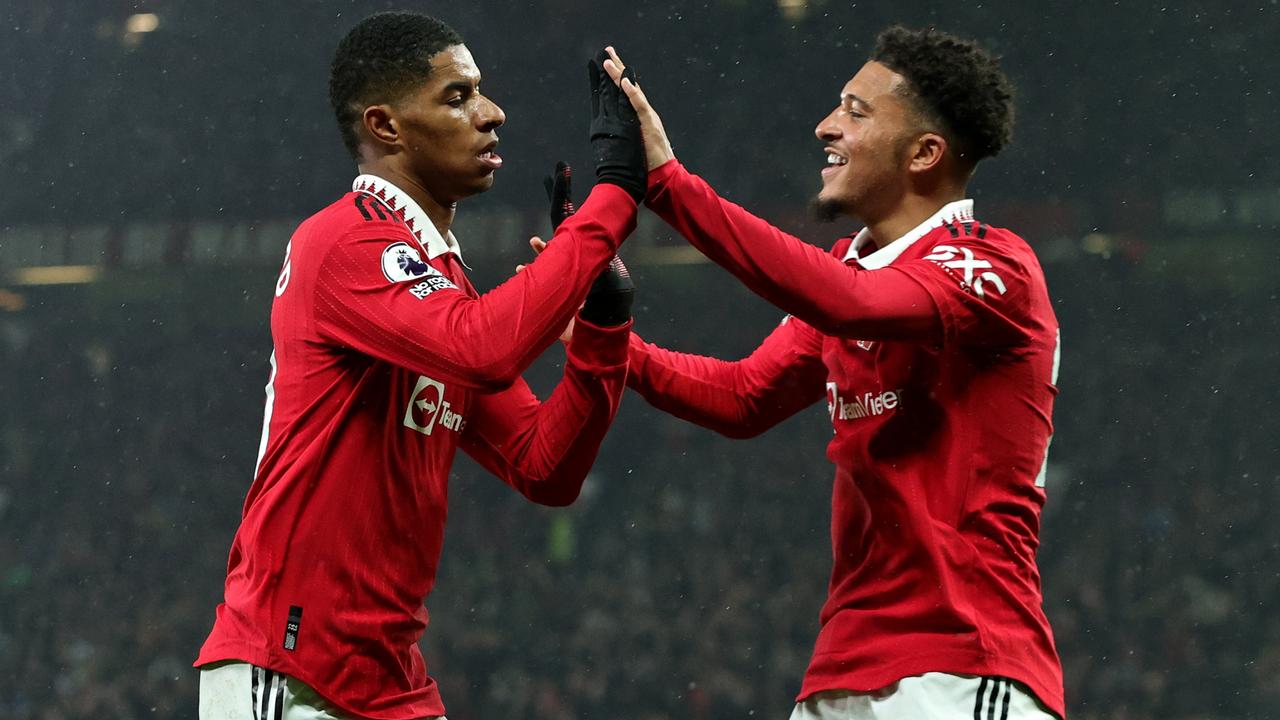 Marcus Rashford ăn mừng bàn thắng cùng Jadon Sancho.  (Ảnh của David Rogers/Getty Images)