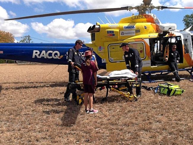 The rescue chopper staff teach Gogango kids about road safety. Picture: contributed