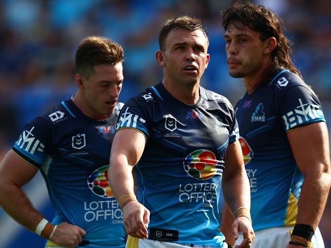 GOLD COAST, AUSTRALIA - APRIL 20: Chris Randall of the Titans looks on during the round seven NRL match between Gold Coast Titans and Canberra Raiders at Cbus Super Stadium, on April 20, 2025, in Gold Coast, Australia. (Photo by Chris Hyde/Getty Images)