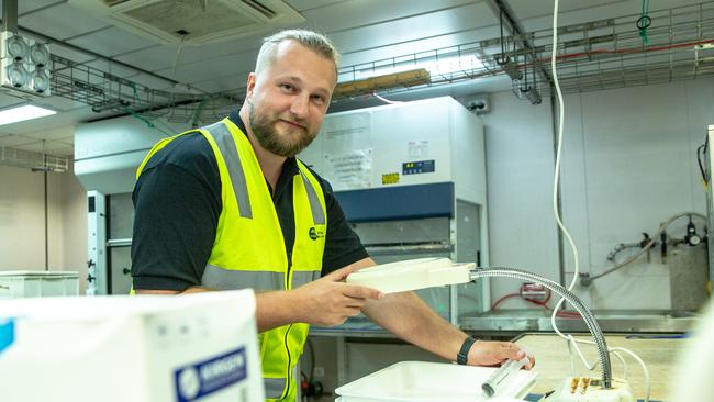 UTAS Student Jackson Griffin in one of the laboratories on board the RV investigator. Picture: Linda Higginson.