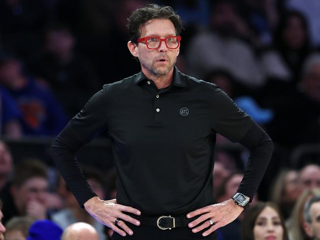 NEW YORK, NEW YORK - JANUARY 20: Head coach Quin Snyder of the Atlanta Hawks looks on during the second half against the New York Knicks at Madison Square Garden on January 20, 2025 in New York City. The Knicks won 119-110. NOTE TO USER: User expressly acknowledges and agrees that, by downloading and or using this photograph, User is consenting to the terms and conditions of the Getty Images License Agreement. (Photo by Sarah Stier/Getty Images)