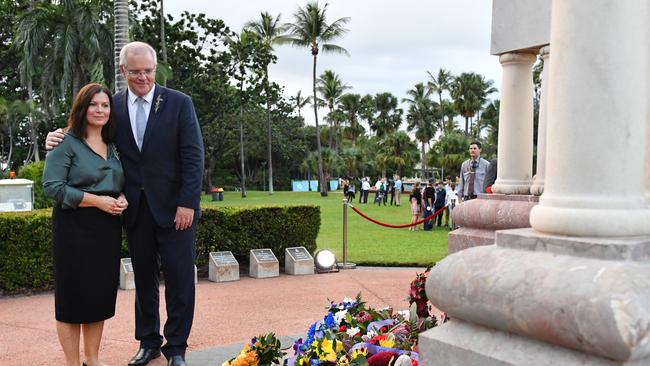 Prime Minister Scott Morrison and wife Jenny attended the Anzac Day Dawn service at Anzac Memorial Park in Townsville. Picture: AAP/Mick Tsikas