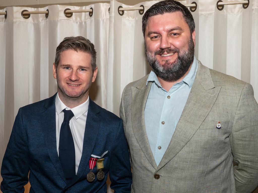 James Corkill and Simon McMahon 5am ANZAC Day Walkerston Friday 25 April 2025 Picture:Michaela Harlow