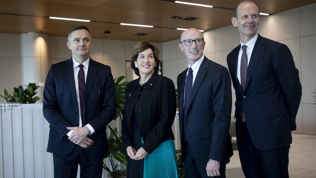 ANZ CEO Shayne Elliott, far right, and chairman Paul O'Sullivan, second from right, announce the acquisition of Suncorp’s bank with Suncorp CEO Steve Johnston, left, and Suncorp chair Christine McLoughlin. Picture: Arsineh Houspian