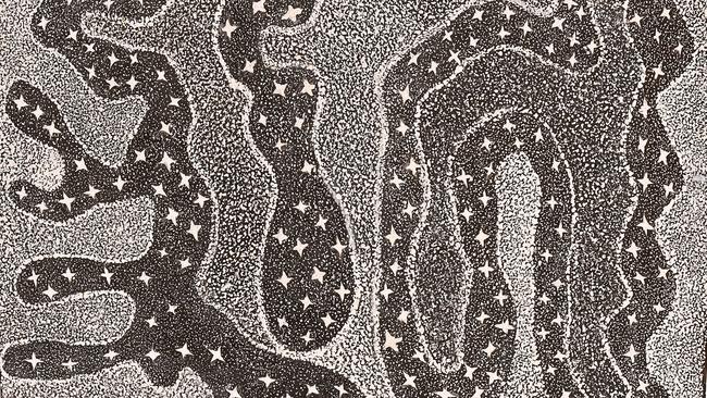 Naminapu Maymuru-White’s Milngiyawuy (River of Stars) 2020 earth pigments on stringybark. Picture: Leicolhn McKellar