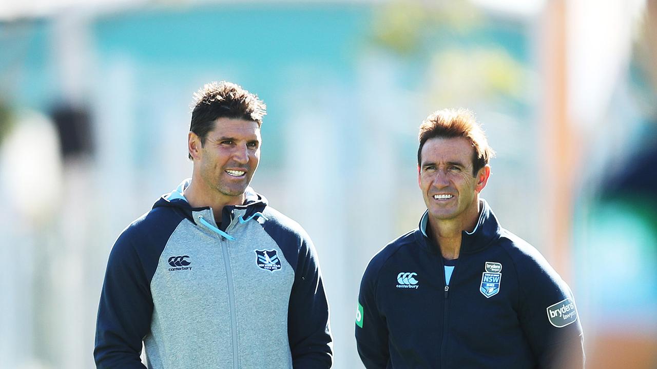 Trent Barrett with Andrew Johns during NSW State of Origin team training at the NSWRL Centre of Excellence, Homebush. Picture. Phil Hillyard