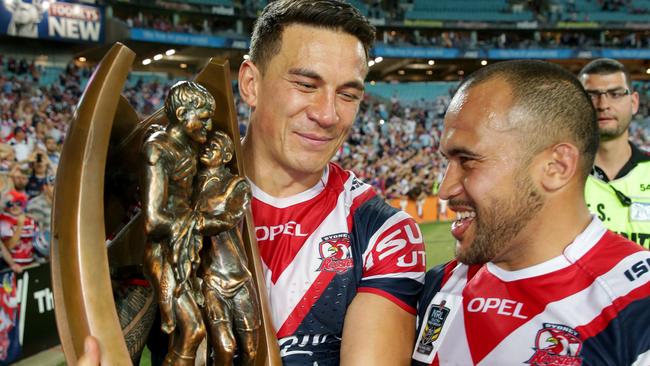 Rooster's Sonny Bill Williams celebrates after full time with Sam Moa (right) after the 2013 NRL Grand Final.