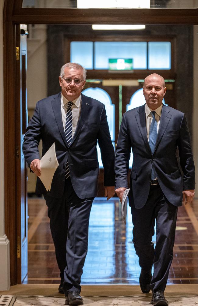 Prime Minister Scott Morrison prepares to face the music with Treasurer Josh Frydenberg. Picture: Jason Edwards