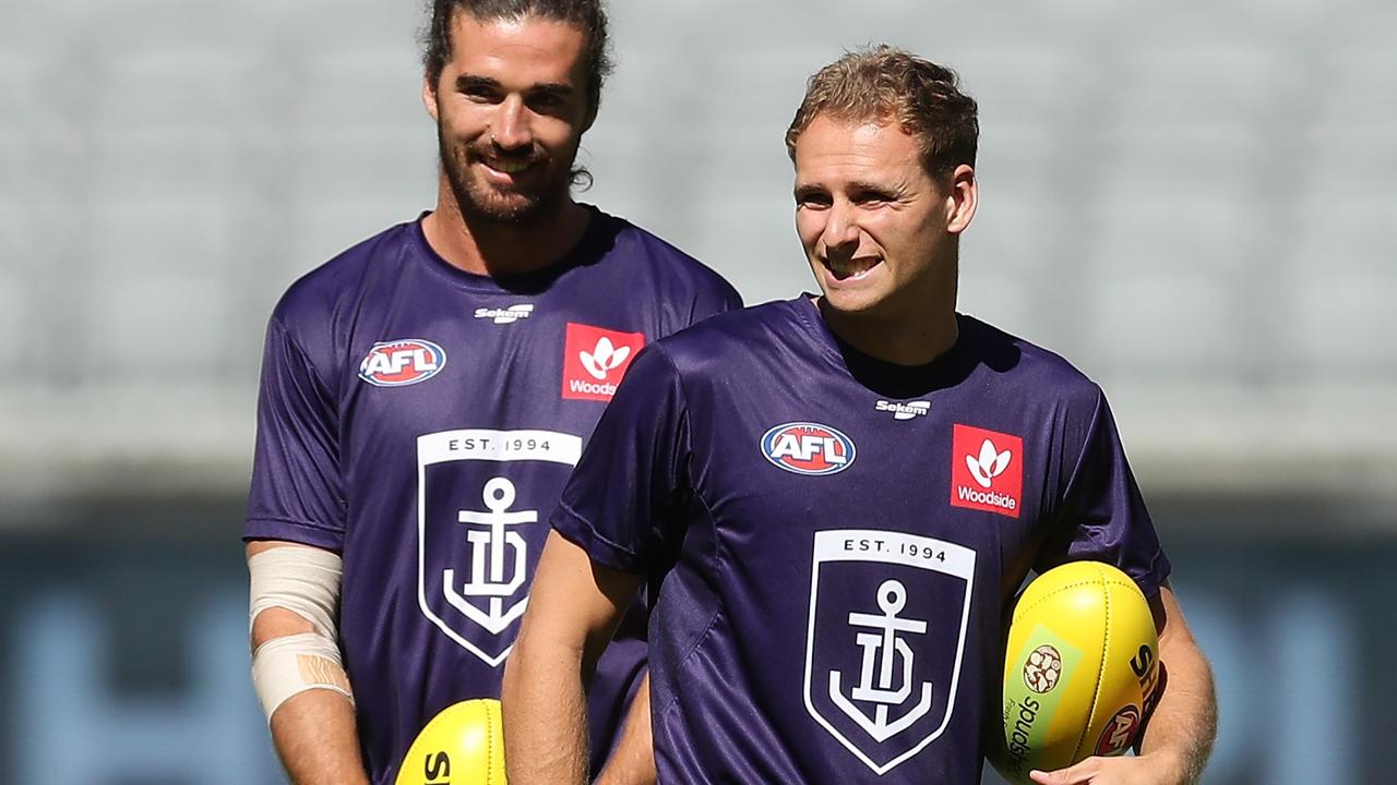 Fremantle recruit Will Brodie (right) is in Mike Hussey’s KFC SuperCoach team ... for now. Picture: Will Russell/AFL Photos via Getty Images