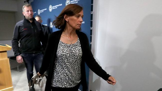 Tanja Ebert’s mother Andrea Ebert with her partner Jörg Müller at the media conference. Picture: Kelly Barnes/The Australian