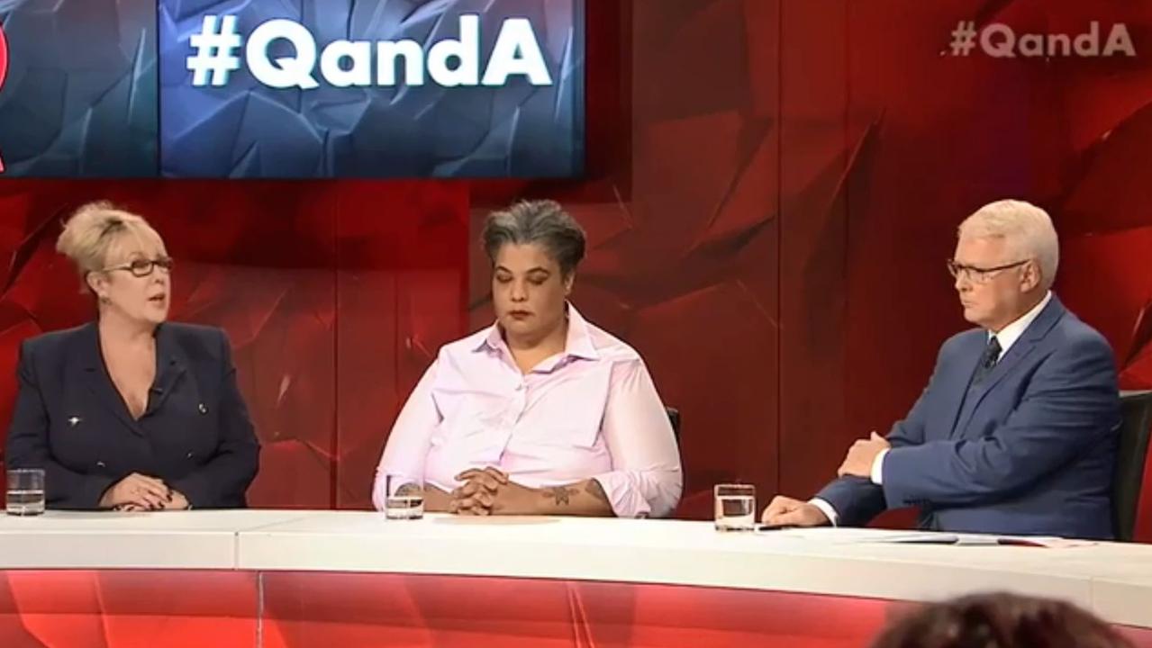 Teena McQueen (left) on Q&amp;A. Author Roxane Gay (centre) was not impressed. 