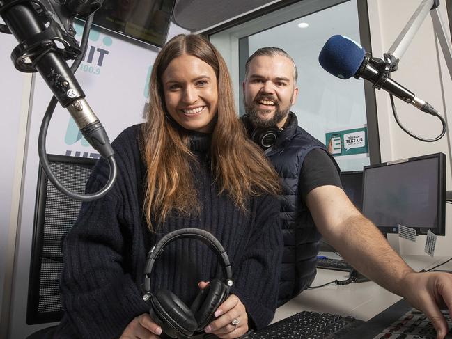 Dan Taylor and Christy Hayes in the studio before they begin their debut on hit100.9 Hobart's breakfast show. Picture: Chris Kidd