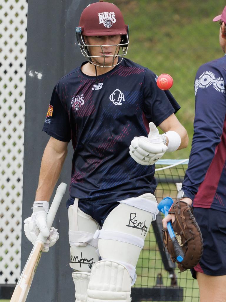 Labuschagne batting in the nets at Allan Border Field with Queensland. Picture: Lachie Millard