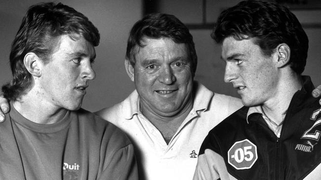 Watch it brother . . . Don Gale keeps the peace between his sons Lion Michael (left) and Tiger Brendon in 1990. Picture: Craig Borrow