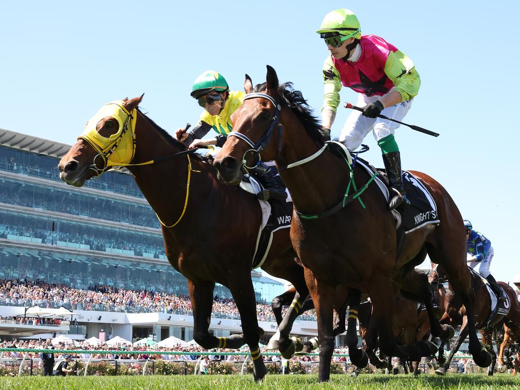 Robbie Dolan rode #11 Knight’s Choice to a thrilling victory in race seven, securing the Lexus Melbourne Cup on Melbourne Cup Day at Flemington Racecourse. The win had fans roaring as Dolan steered his horse to triumph in one of Australia’s most prestigious races. Picture: Getty