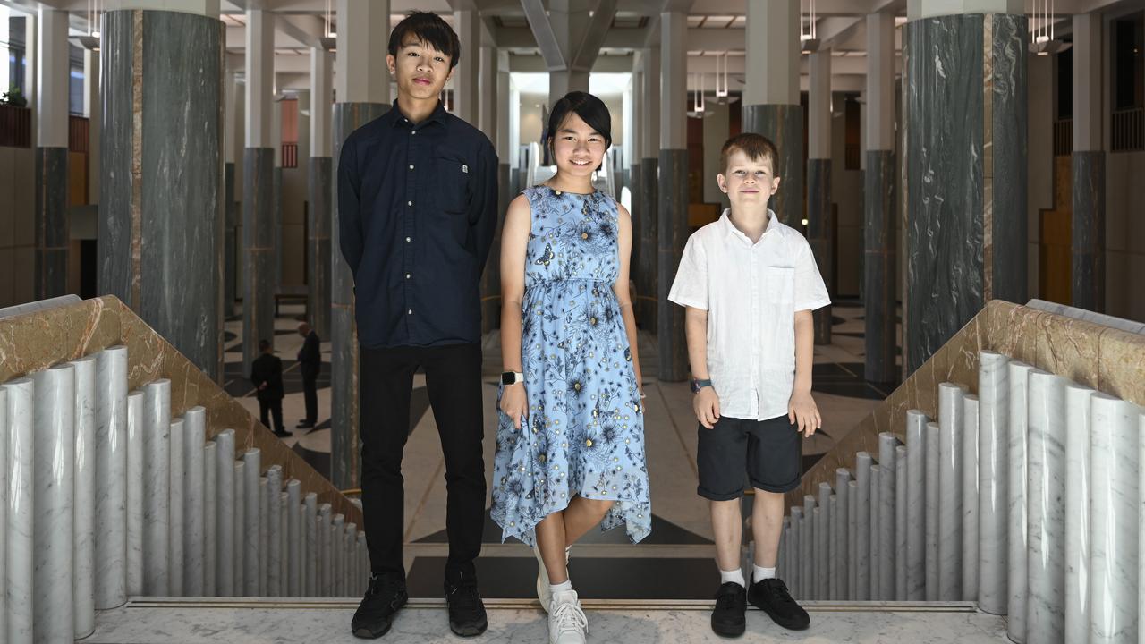 Zachary Cheng, Abigail Koh and Samuel Wright inside Parliament House. Picture: NCA NewsWire/Martin Ollman