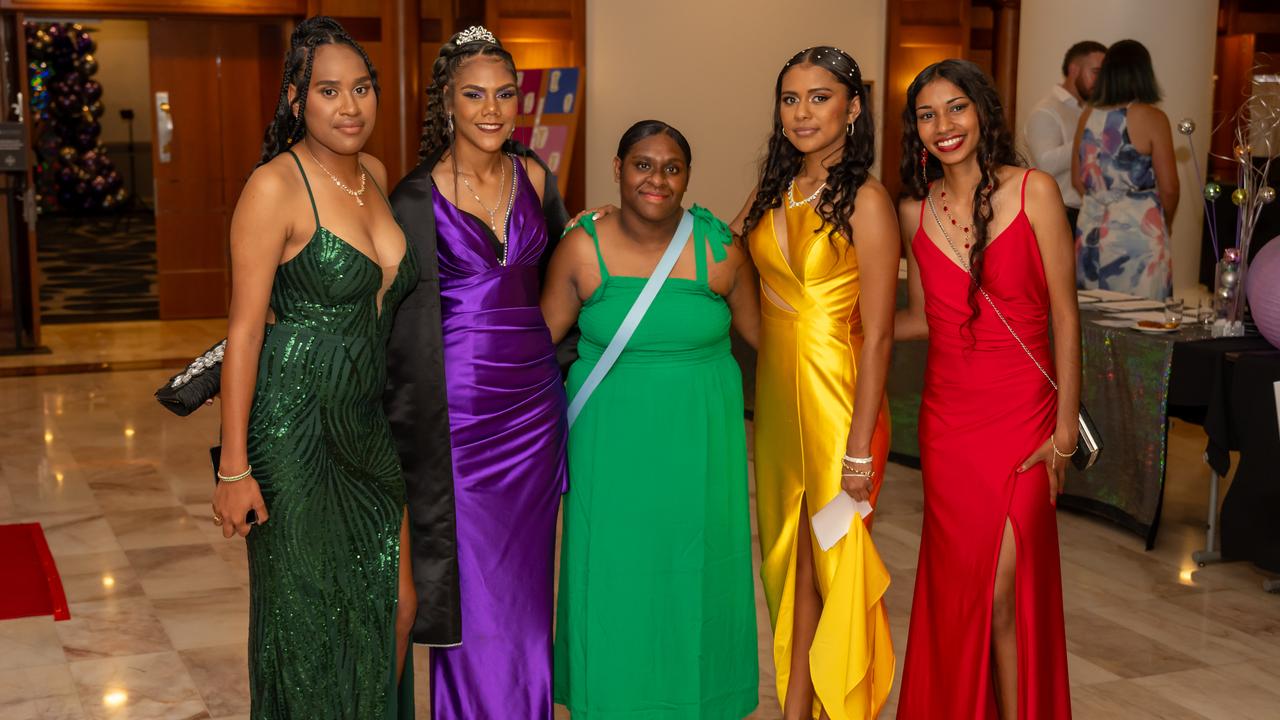 Katherine Akiba, Shay-Lee Thomas, Delmah Jagaral, Joyce Douglas and Nisha Saunders at the Pullman International for the Djarrugun College Formal. Picture Emily Barker.