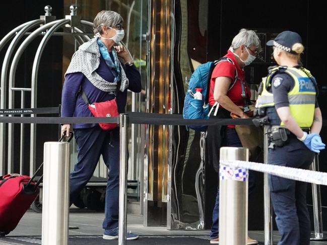 Overseas travellers check into the Crown Promenade Hotel. Picture: AAP