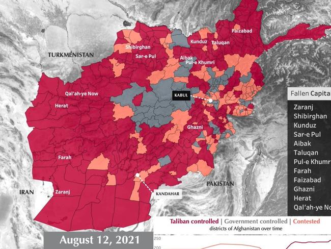 The same map on August 12. The Taliban, in red, now controls 240 districts, more than half of the total. Image: FDD's Long War Journal