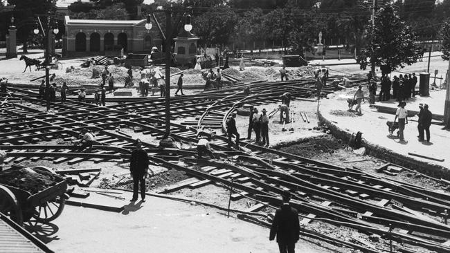 Tram line being laid in 1908 on the corner of King William Street and North Tce. Credit: STA Collection