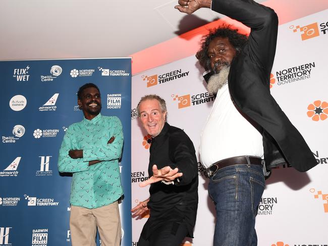 High Ground actor Jacob Junior Nayinggul, director Stephen Johnson and actor and producer Witiyana Marika at the film’s NT premiere. Picture: Katrina Bridgeford