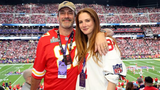 Jon Hamm and Anna Osceola pose ahead of the Super Bowl. Picture: Getty Images