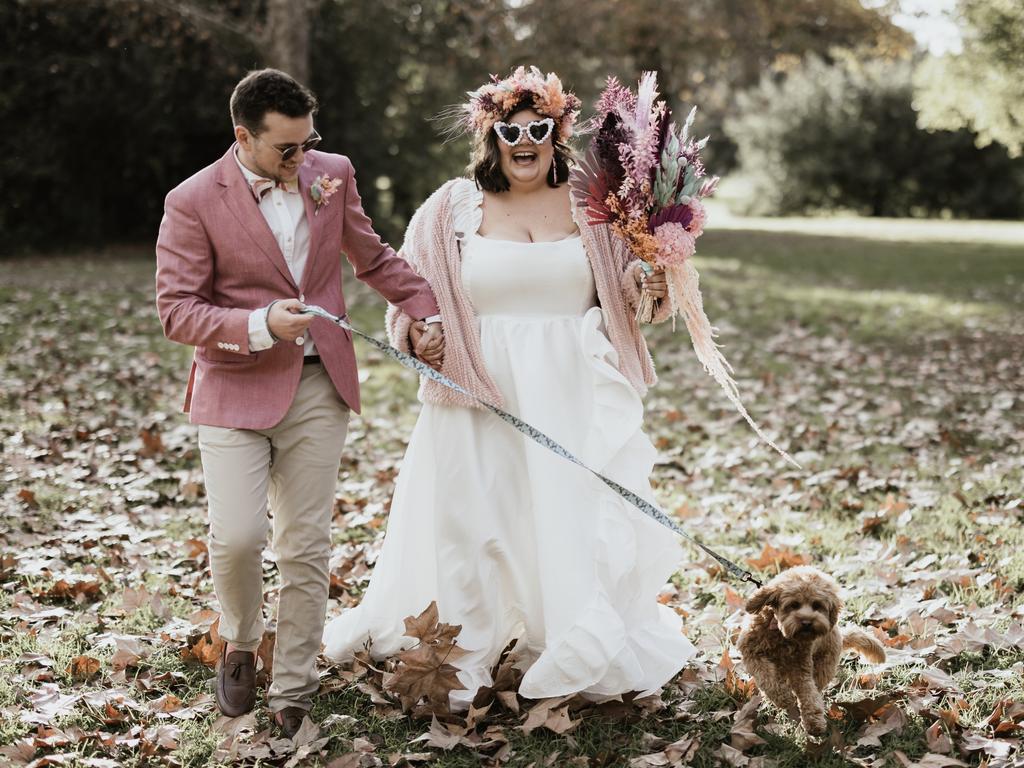 Kirsti Fobister and Bren George’s eye-catching wedding at the Adelaide Botanic Gardens. Pictures: Run Wild Photography