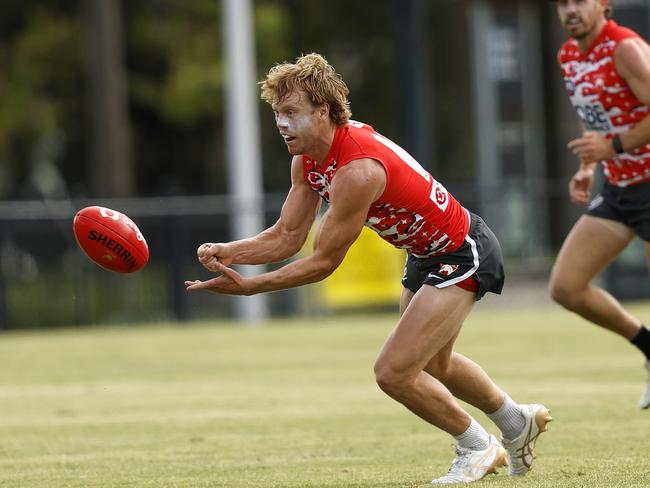 Callum Mills fires out a handball during Sydney match simulation. Picture: Phil Hillyard