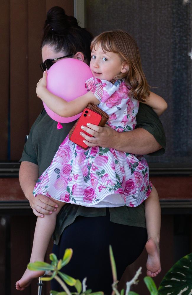 Cleo and her mum, Ellie, are seen leaving a house where she spent her first night after being rescued in Carnarvon, 900km north of Perth. Picture: AAP