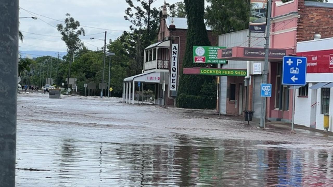 Laidley town center, and the Birdhouse boutique, during 2024 flood waters on Tuesday morning, January 30. Picture: Jane Matthews