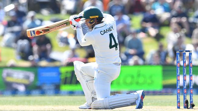 Alex Carey plays a square drive during his innings at Hagley Oval Picture: AFP