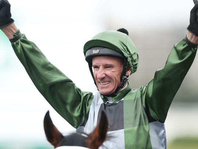 SYDNEY, AUSTRALIA - OCTOBER 19: Glen Boss riding Yes Yes Yes celebrates as he returns to scale after winning race 7 The TAB Everest during The Everest at Royal Randwick Racecourse on October 19, 2019 in Sydney, Australia. (Photo by Mark Metcalfe/Getty Images)