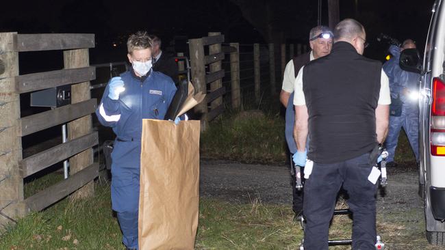 Police at the scene of where Zane Meyer’s body was found in Lysterfield yesterday afternoon. Picture: Rob Leeson.