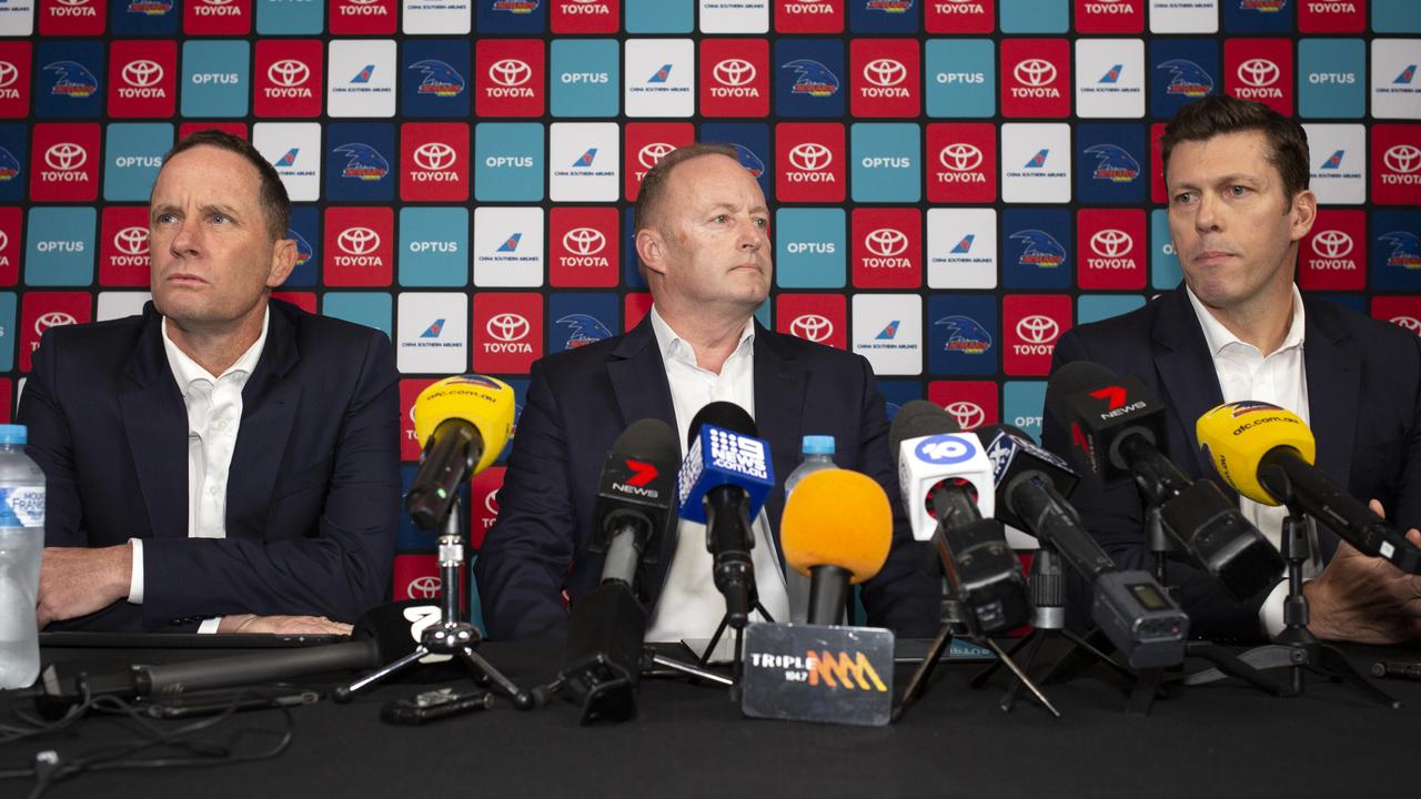 Don Pykec Chairman Rob Chapman and chief executive Andrew Fagan at a press conference announcing Pyke's decision to step down as coach in September, 2019. Picture: Emma Brasier/AAP