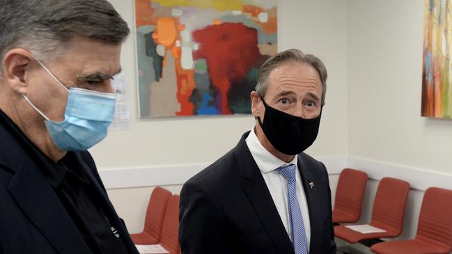 Federal Health Minister Greg Hunt with Chief Medical Officer Brendan Murphy. Picture: Andrew Henshaw